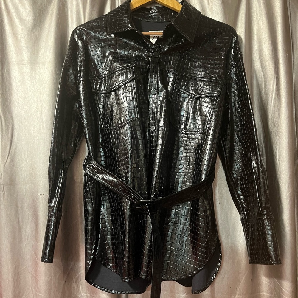 Zara Black Faux Leather Crocodile Texture Jacket L